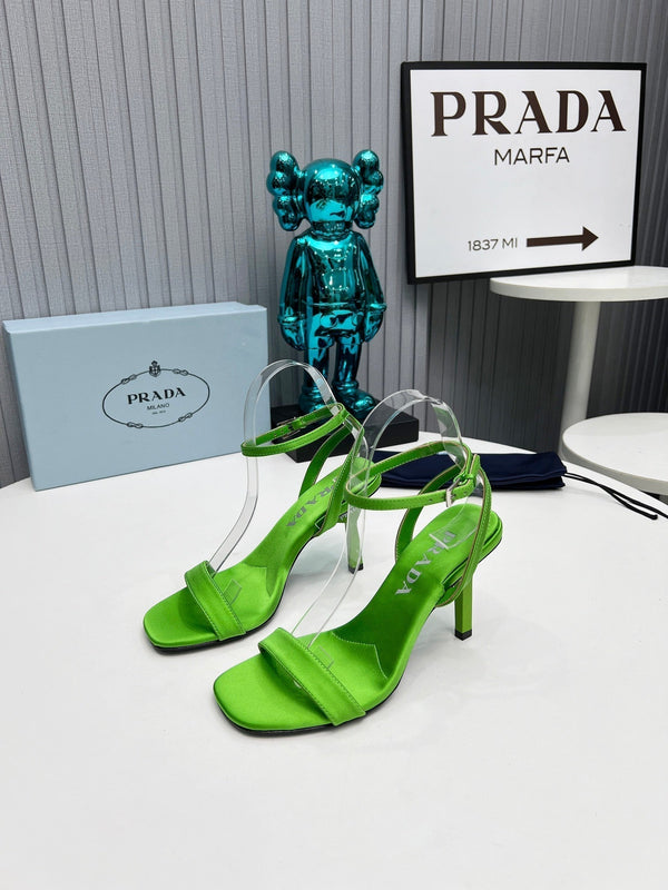 Prad 26s Ankle Strap Sandals Stiletto Heel 80mm In Lime Green Satin