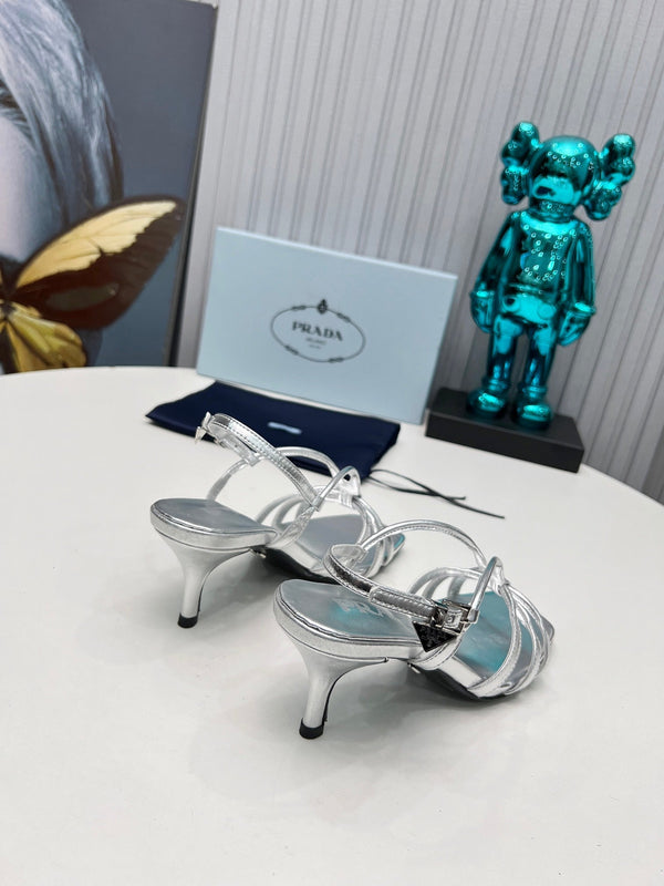 Prad 26s Strappy Sandals Stiletto Heel 60mm In Silver Calfskin