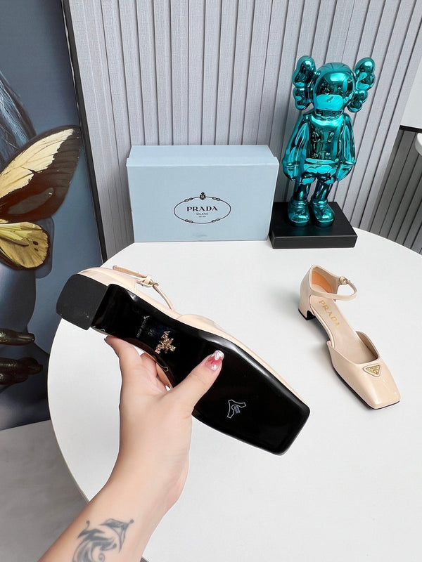 Prad 26s Ankle Strap Pumps 40mm In Nude Beige Patent Calfskin Triangle Logo
