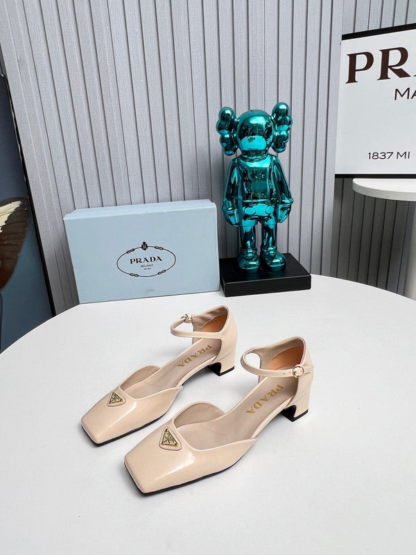 Prad 26s Ankle Strap Pumps 40mm In Nude Beige Patent Calfskin Triangle Logo