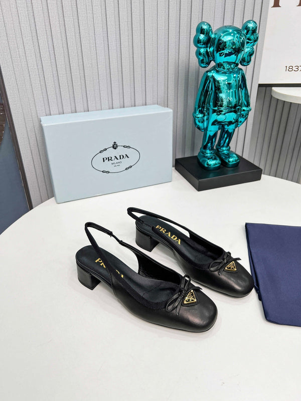 Prad 26s Round Toe Slingback Pumps 40mm In Black Calfskin With Bow