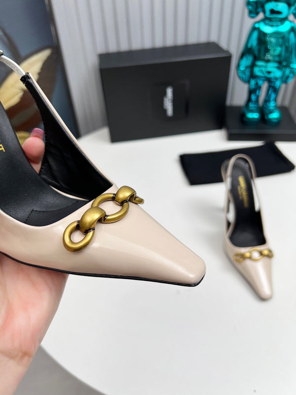 YSL Hermione Slingback 11cm Cuir Verni Beige 680407