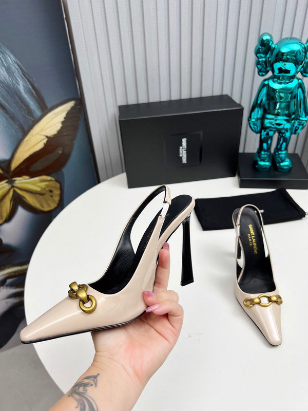 YSL Hermione Slingback 11cm Cuir Verni Beige 680407