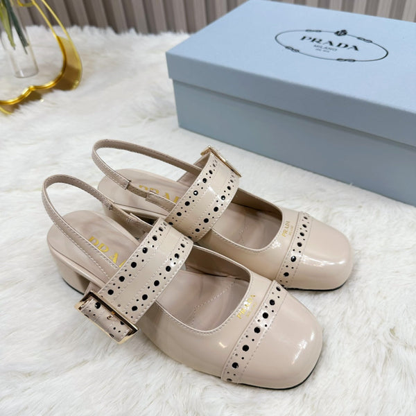 Prad 26s Square Toe Studded Slingback Block Heel 40mm In Beige Patent Calfskin