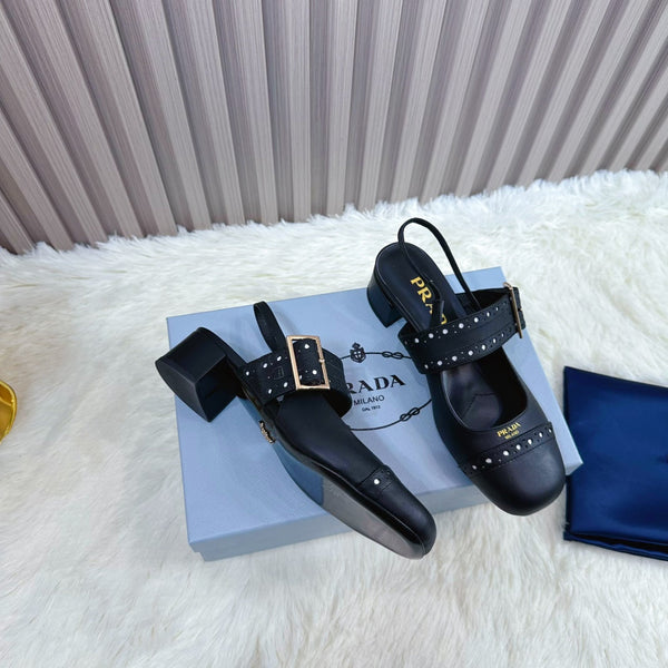 Prad 26s Square Toe Studded Slingback Block Heel 40mm In Black Calfskin