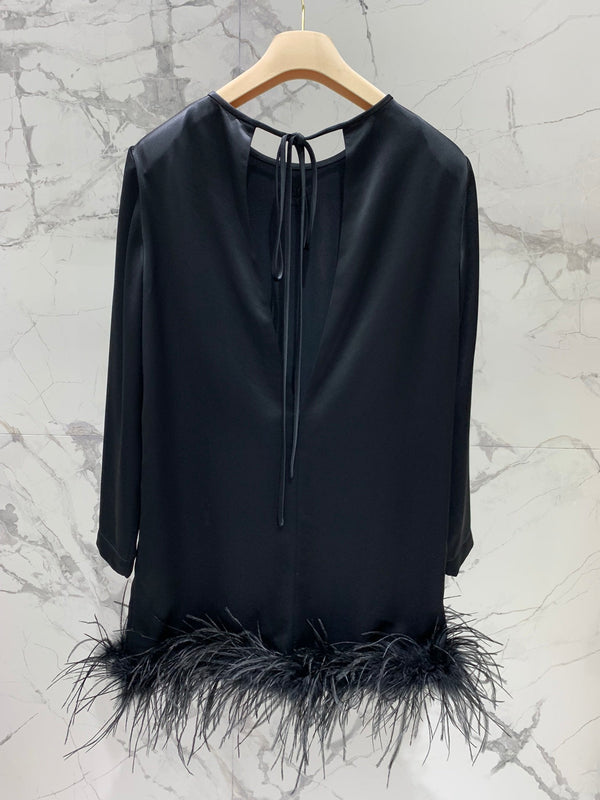 Miu Miu Ostrich Feather Dress Black Acetate Satin Fabric