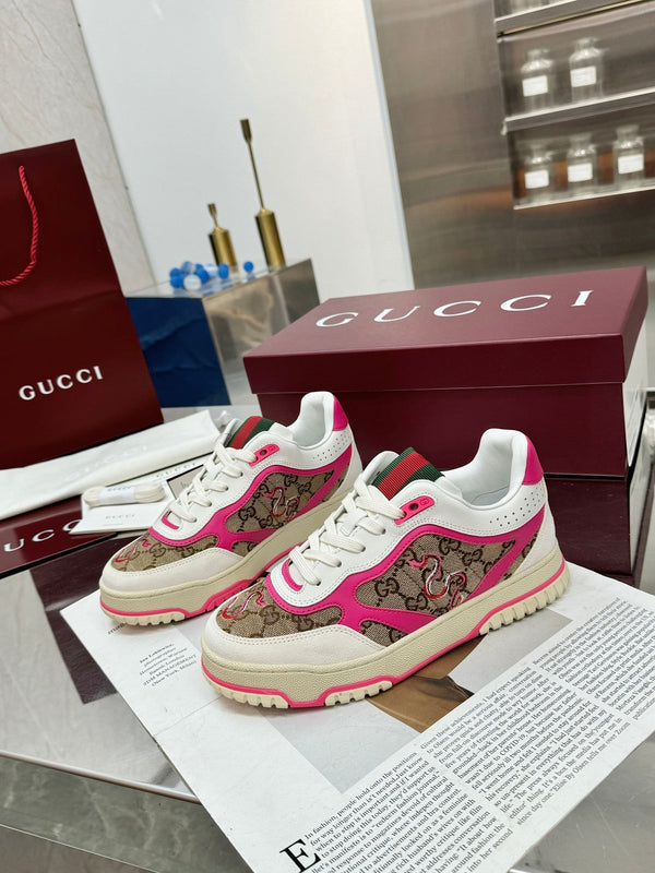 GG Re-Web Sneakers Pink Brown White Suede Cowhide Fabric 564717
