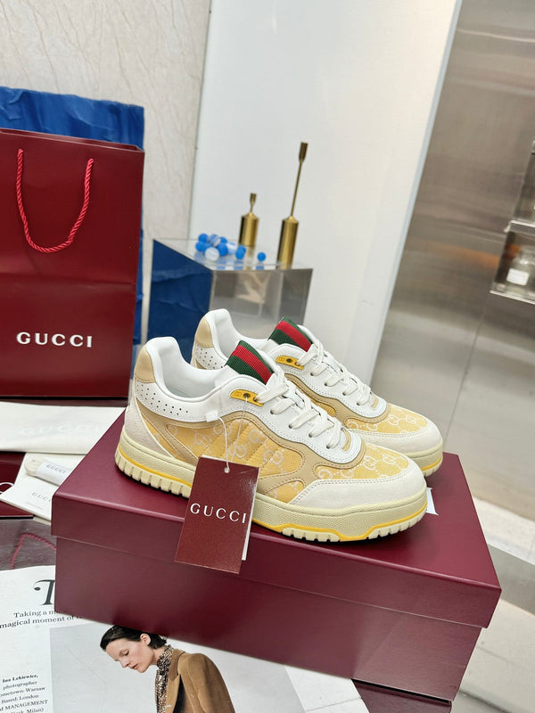 GG Re-Web Sneakers Light Yellow White Suede Cowhide Fabric 564718