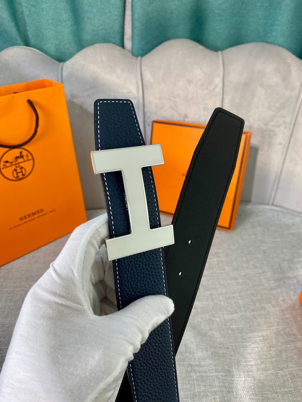 HM CONSTANCE BELT BUCKLE & REVERSIBLE NAVY BLUE LEATHER STRAP 38MM SILVER HARDWARE