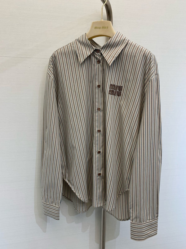 Miu Miu 25 Embroidered Striped Shirt Beige Brown Cotton