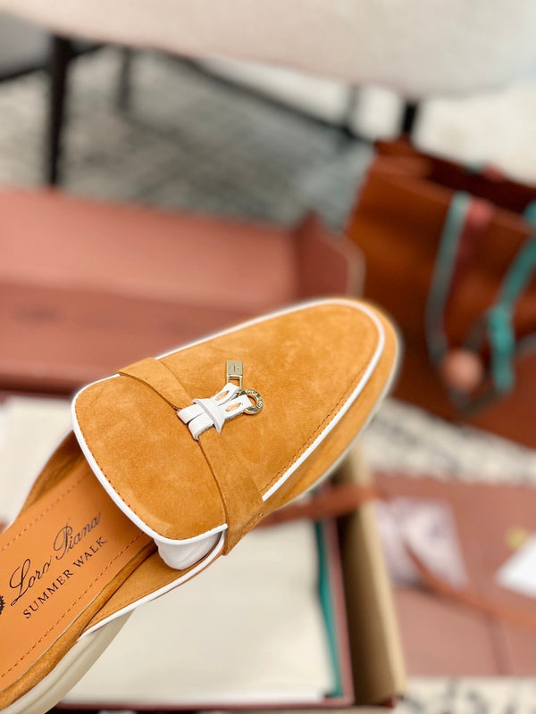 Loro Piana Salmon White Suede Charms Walk Flat Mules