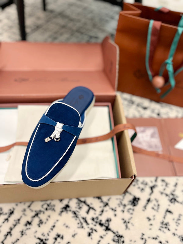 Loro Piana Dark Blue White Suede Charms Walk Flat Mules