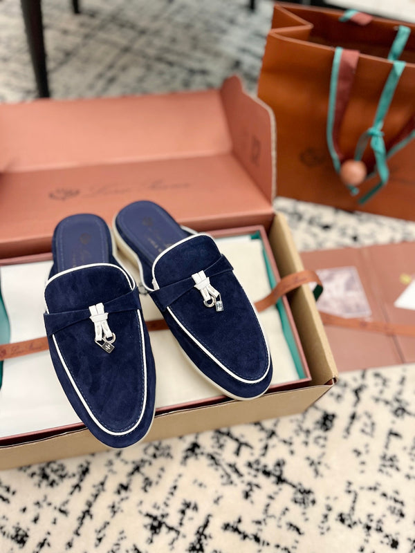Loro Piana Navy White Suede Charms Walk Flat Mules