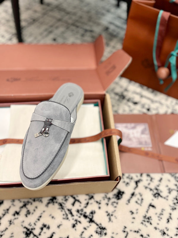 Loro Piana Grey Black Suede Charms Walk Flat Mules