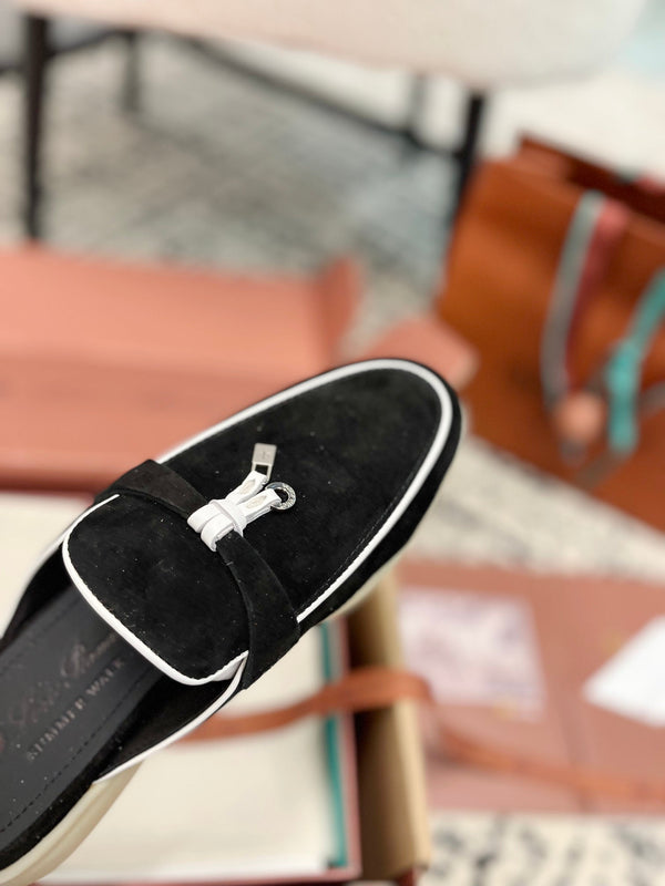 Loro Piana Black White Suede Charms Walk Flat Mules
