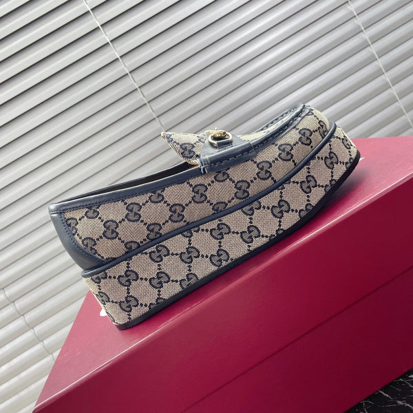 HORSEBIT PLATFORM LOAFER IN TAN BEIGEMONOGRAM JACQUARD FABRIC AND NAVY BLUE CALFSKIN