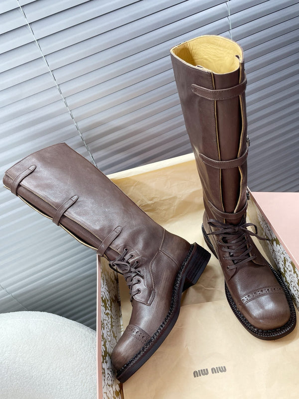 Miu High Boots Brown Soluble In Water Calfskin
