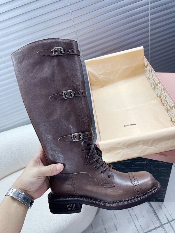 Miu High Boots Brown Soluble In Water Calfskin