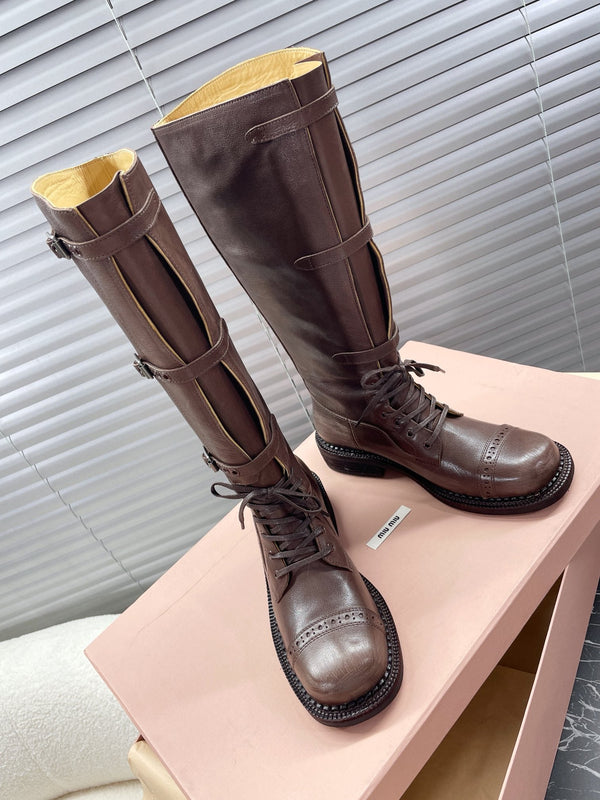 Miu High Boots Brown Soluble In Water Calfskin