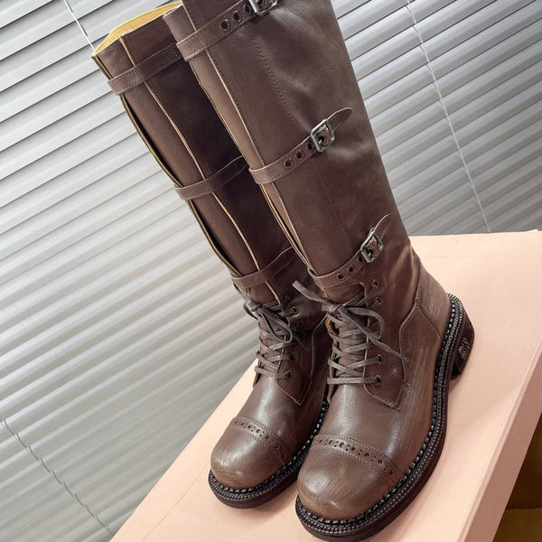 Miu High Boots Brown Soluble In Water Calfskin