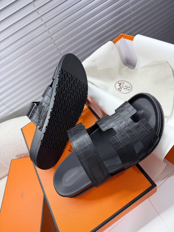 HM Chypre Sandal Black Crocodile Skin 205482