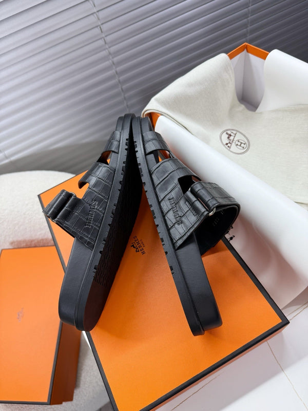 HM Chypre Sandal Black Crocodile Skin 205482