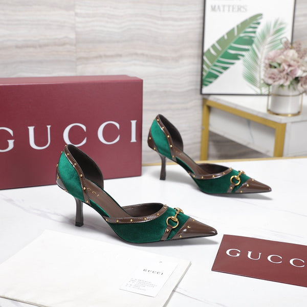 GG 26s Savoy Pumps Brown Green Lambskin Velvet 961242