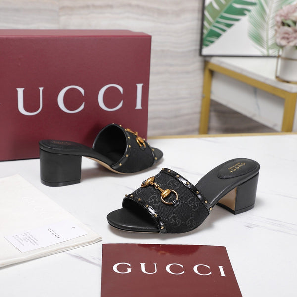 GG 26s Horsebit Mid-Heel Slide Sandal 6.5cm Black Canvas Lambskin 961275