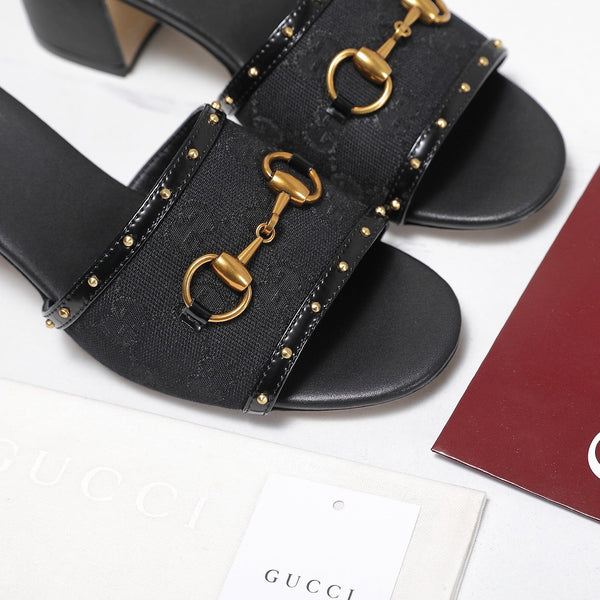GG 26s Horsebit Mid-Heel Slide Sandal 6.5cm Black Canvas Lambskin 961275