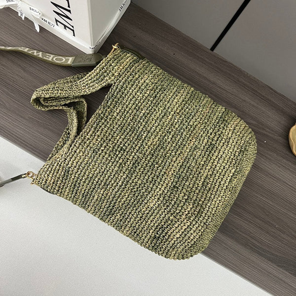 Loew Ibiza Mini Slit Raffia Tote Bag 30cm Olive Raffia Leather