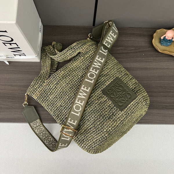 Loew Ibiza Mini Slit Raffia Tote Bag 30cm Olive Raffia Leather