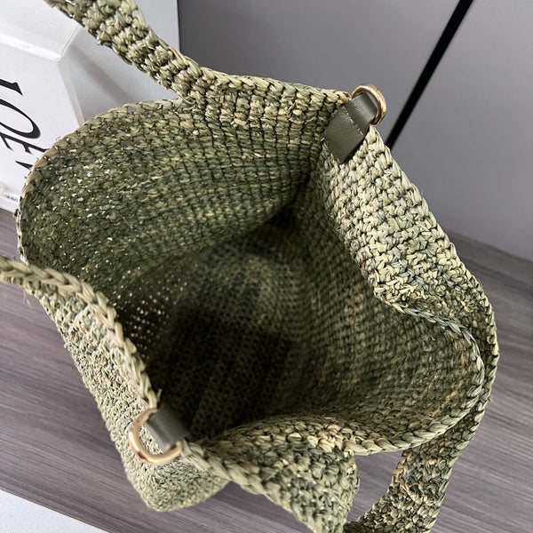 Loew Ibiza Mini Slit Raffia Tote Bag 30cm Olive Raffia Leather