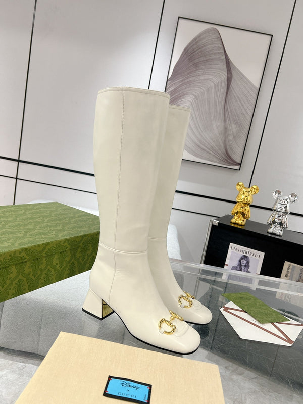 Gucci Horsebit Square Toe Mid-heeled Ankle High Boots White Cowhide 490538