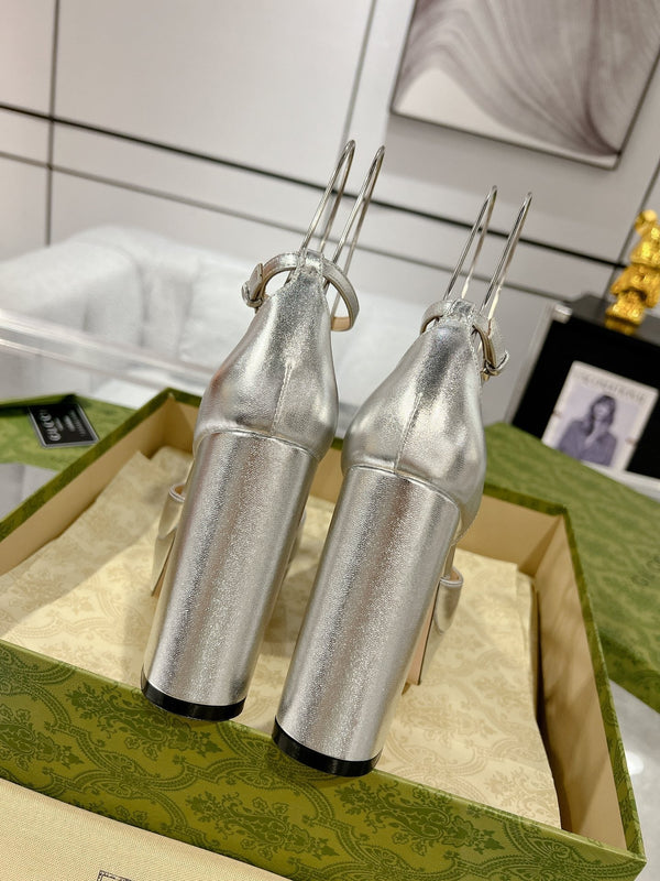 HIGH SANDAL SQUARE HEEL 12 CM IN SILVER CALFSKIN