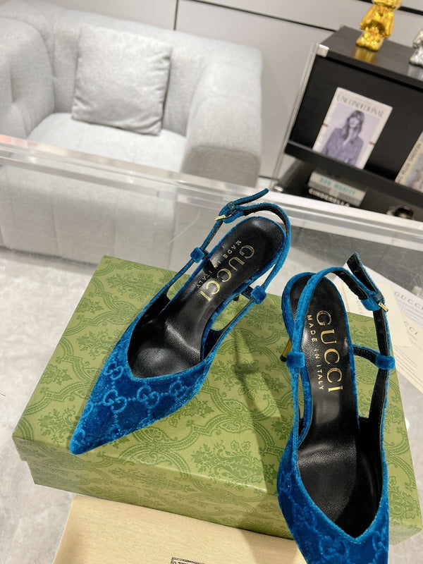 DÉCOLLETÉ CON TACCO ALTO GG SLINGBACK IN VELLUTO AZZURRO