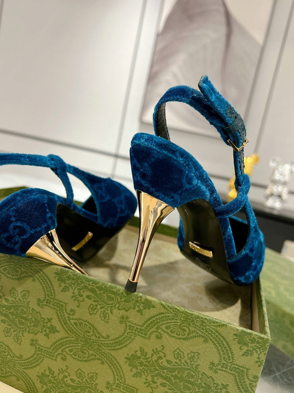 DÉCOLLETÉ CON TACCO ALTO GG SLINGBACK IN VELLUTO AZZURRO