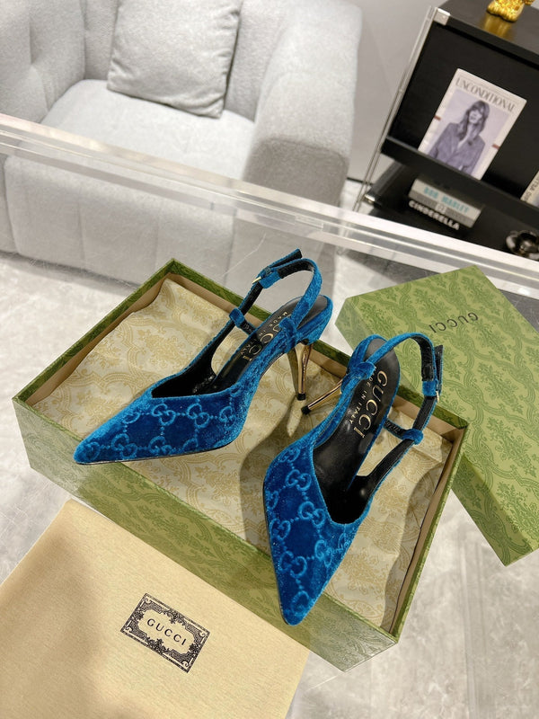 DÉCOLLETÉ CON TACCO ALTO GG SLINGBACK IN VELLUTO AZZURRO
