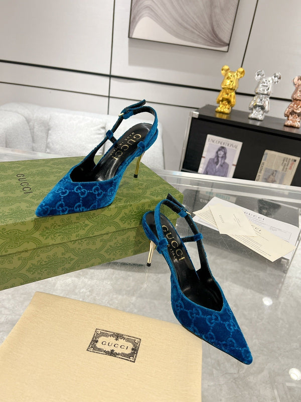 DÉCOLLETÉ CON TACCO ALTO GG SLINGBACK IN VELLUTO AZZURRO