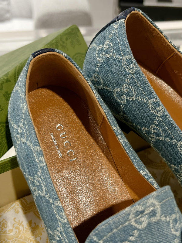 MEN'S LOAFER WITH HORSEBIT IN SAPHIRE BLUE MONOGRAM JACQUARD FABRIC