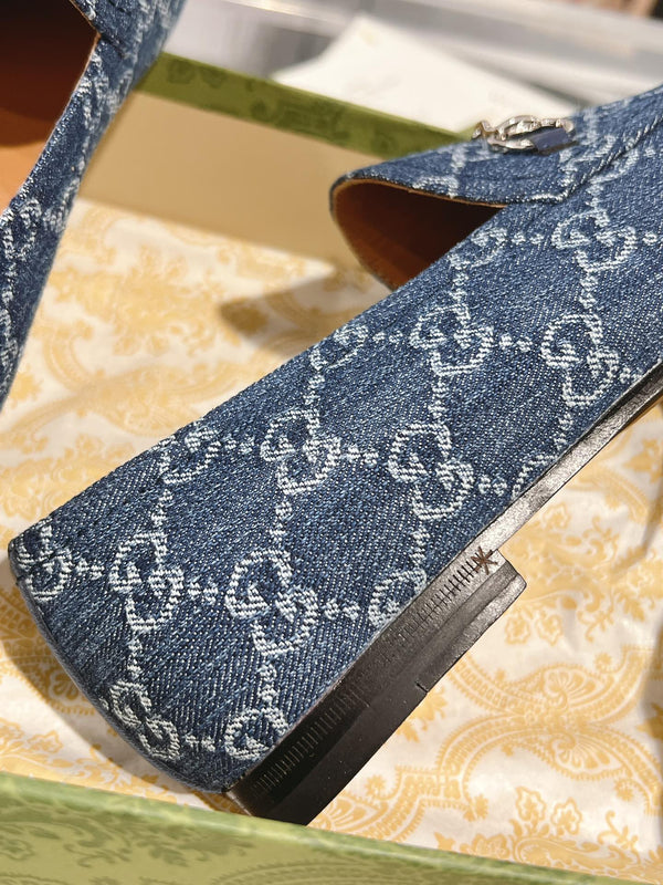 MEN'S LOAFER WITH HORSEBIT IN DENIM BLUE MONOGRAM JACQUARD FABRIC