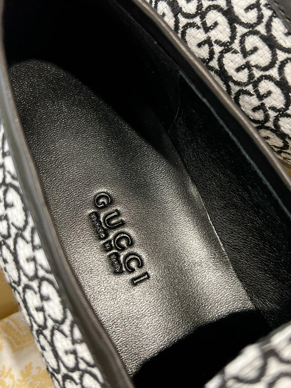 MEN'S LOAFER WITH HORSEBIT IN BLACK MIX WHITE MONOGRAM JACQUARD FABRIC