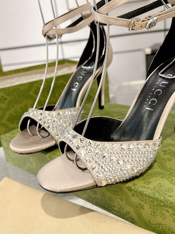 GG CRYSTAL CREAM HIGH HEEL SANDALS SATIN