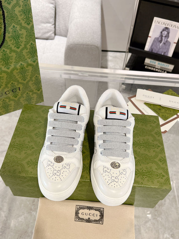 Gucci 2025 Baskets Screener Blanc Gris Cuir Toile 758539