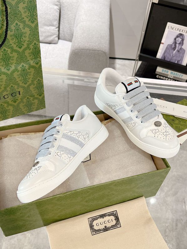 Gucci 2025 Baskets Screener Blanc Gris Cuir Toile 758539