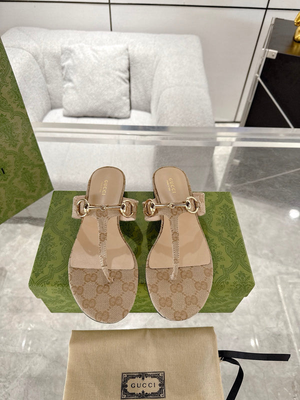 GC Horsebit Thong Sandals Beige Canvas Leather 292475