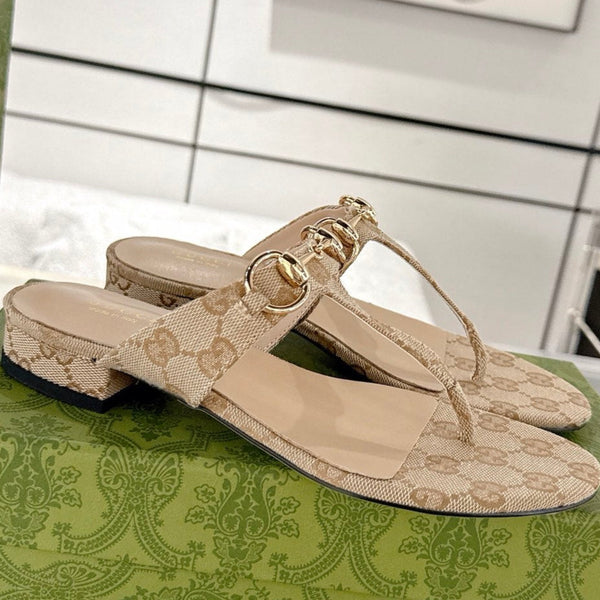 GC Horsebit Thong Sandals Beige Canvas Leather 292475