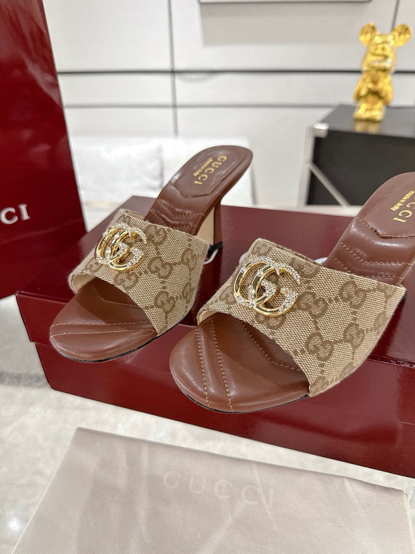 GC 2025 Double G High Heel Sandals Brown Canvas Sheepskin 292466