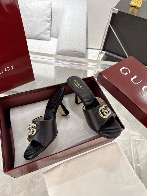 GC 2025 Double G High Heel Sandals Black Sheepskin 292469