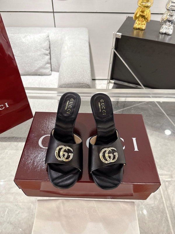 GC 2025 Double G High Heel Sandals Black Sheepskin 292469