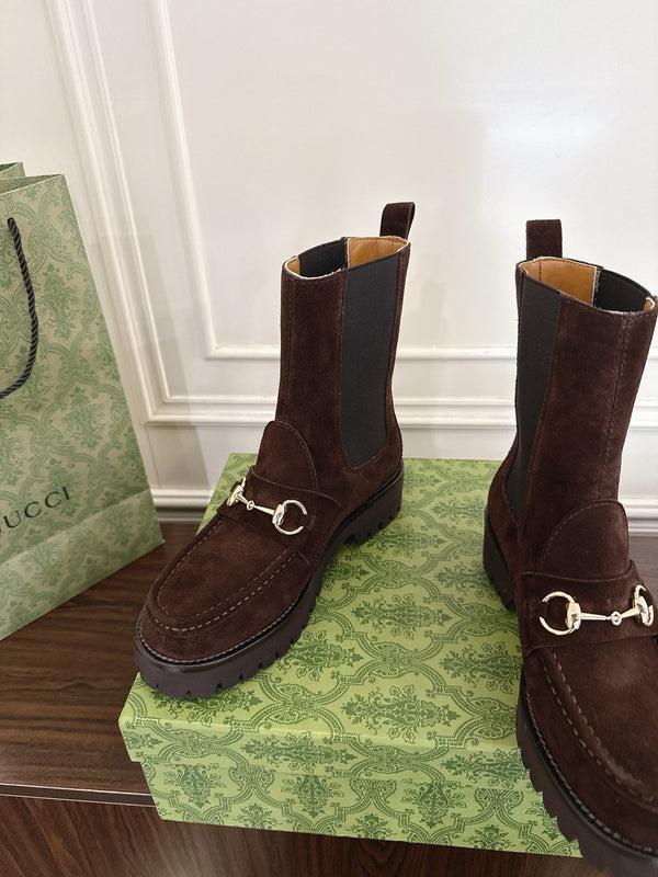 Gucci Horsebit Ankle Boots Dark Brown Black Suede Sheepskin 490527